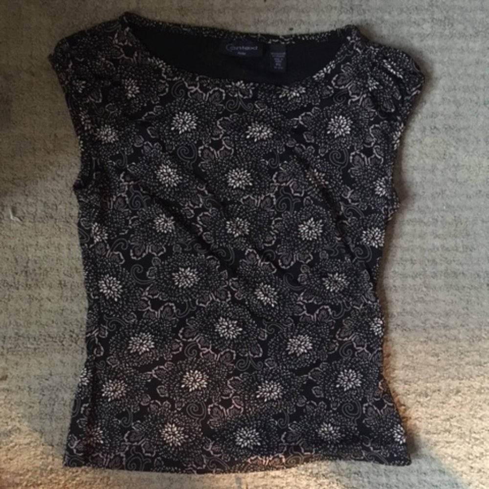 Context Petite Small Black Brown Floral Blouse/T-shirt
